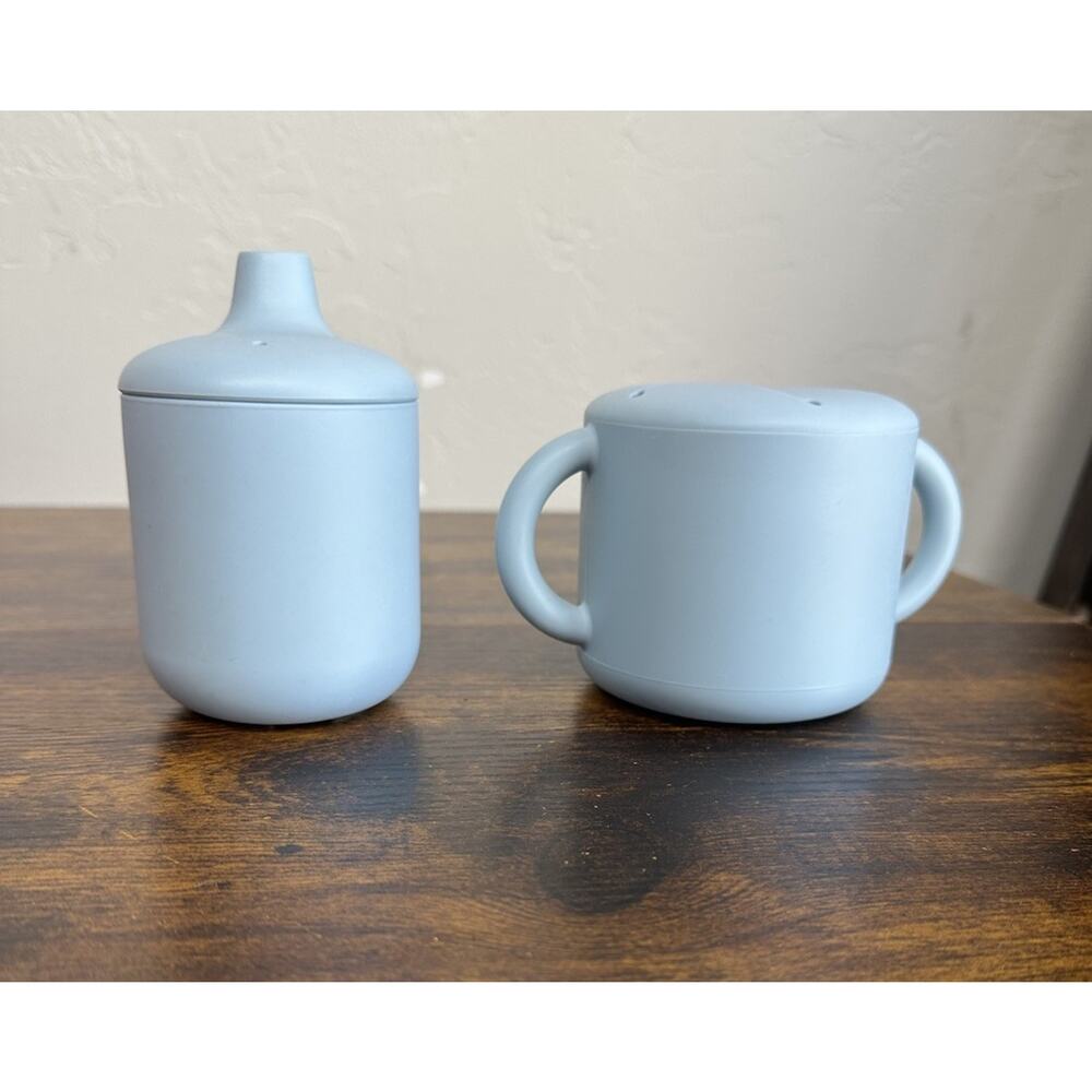 Mushie Baby Food Grade Silicone Sippy Cup And Feeding Bowl Set Blue